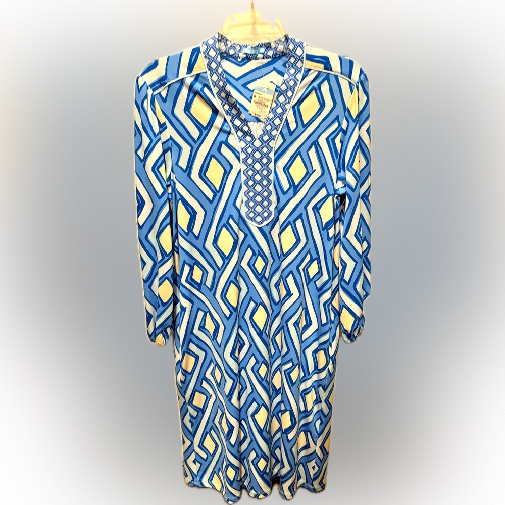 NWT J. McLaughlin Dress Blue/Lt Blue  Vilhada Souk Geo Long Sleeve Small